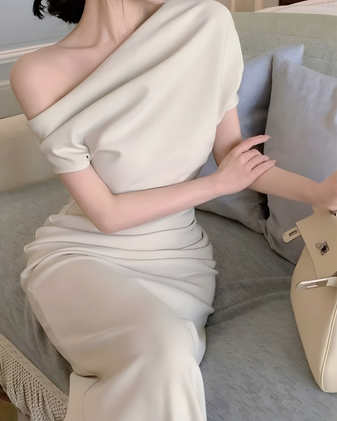 【Lサイズ即日発送】ワンサイドベージュドレスワンピース