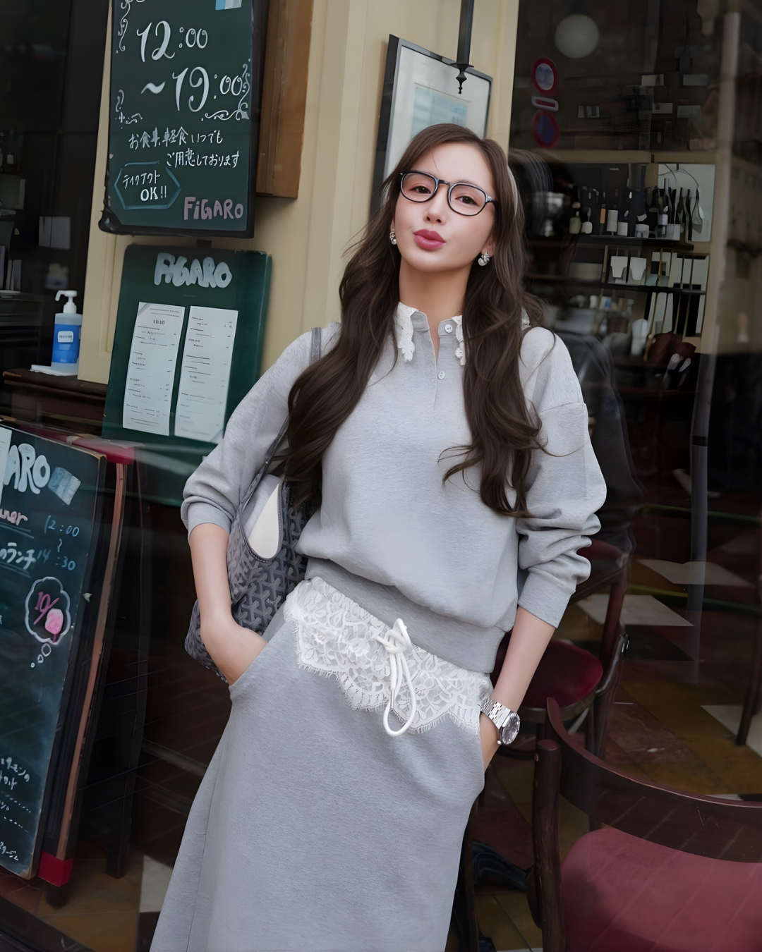 【Sブラック/グレー即日発送】レースカラースウェットセットアップ