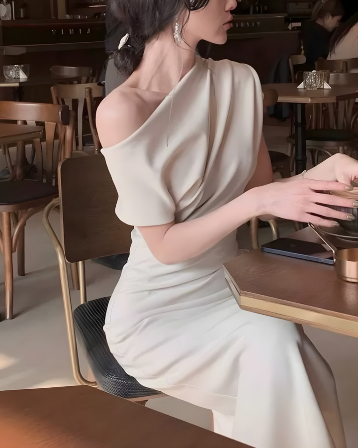 【Lサイズ即日発送】ワンサイドベージュドレスワンピース