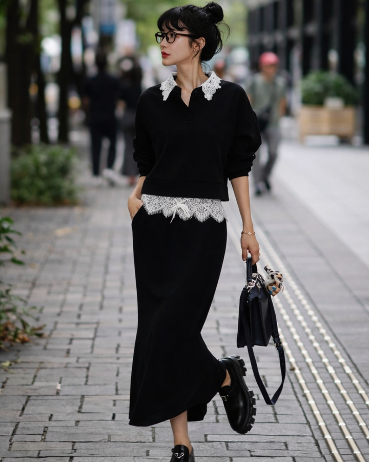 【Sブラック/グレー即日発送】レースカラースウェットセットアップ