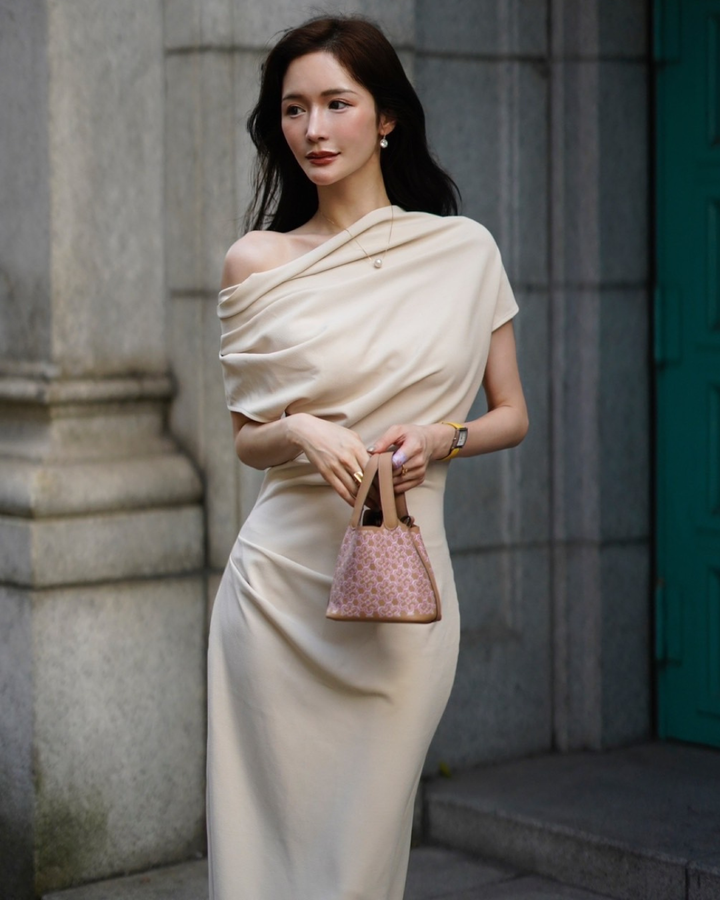 【Lサイズ即日発送】ワンサイドベージュドレスワンピース