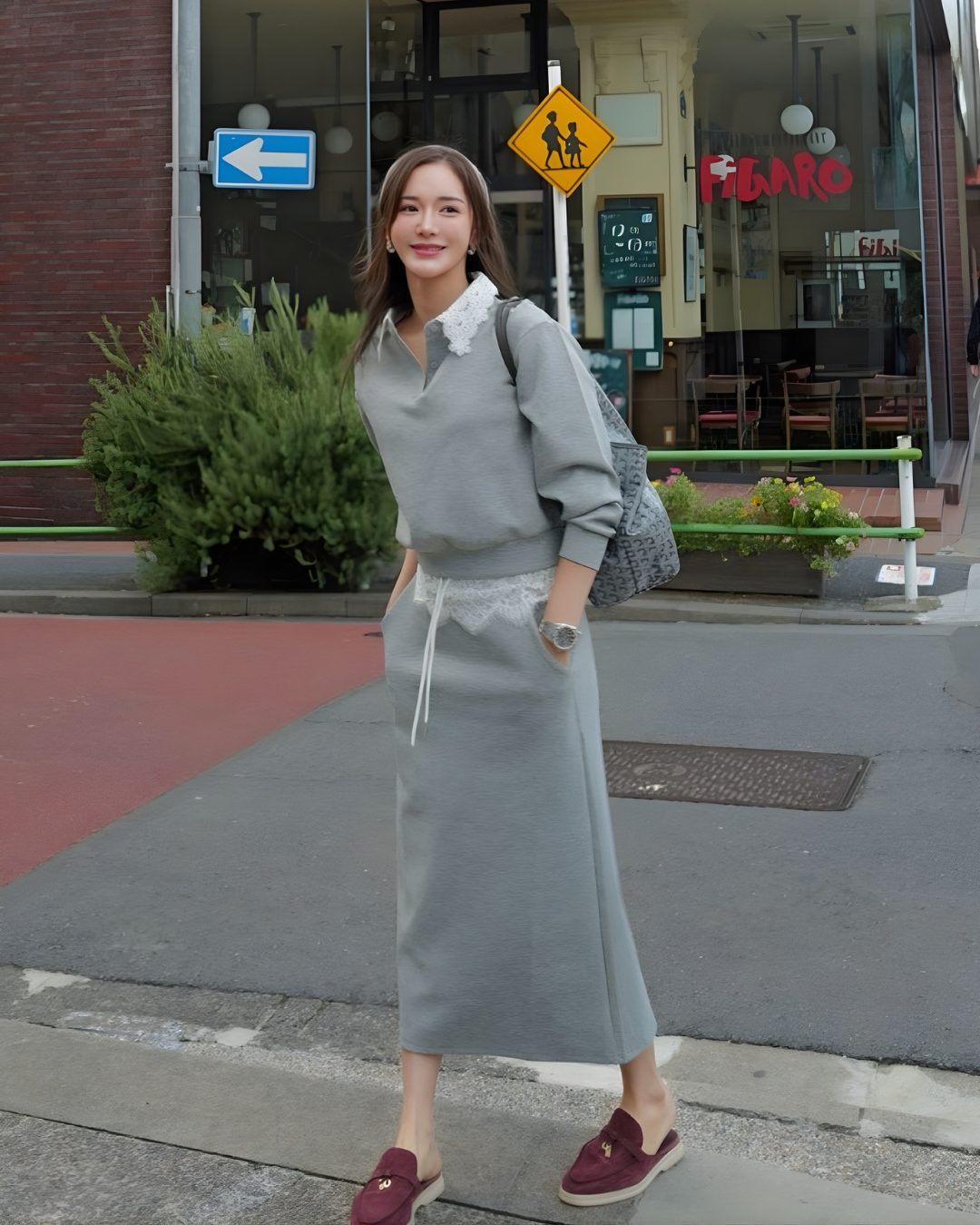 【Sブラック/グレー即日発送】レースカラースウェットセットアップ