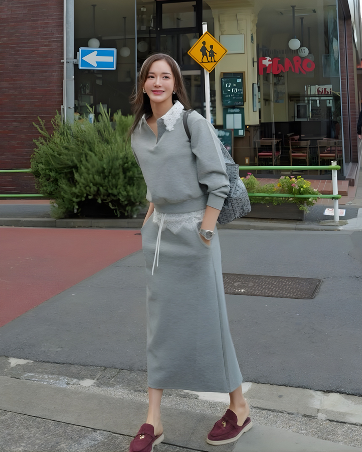 【Sブラック/グレー即日発送】レースカラースウェットセットアップ