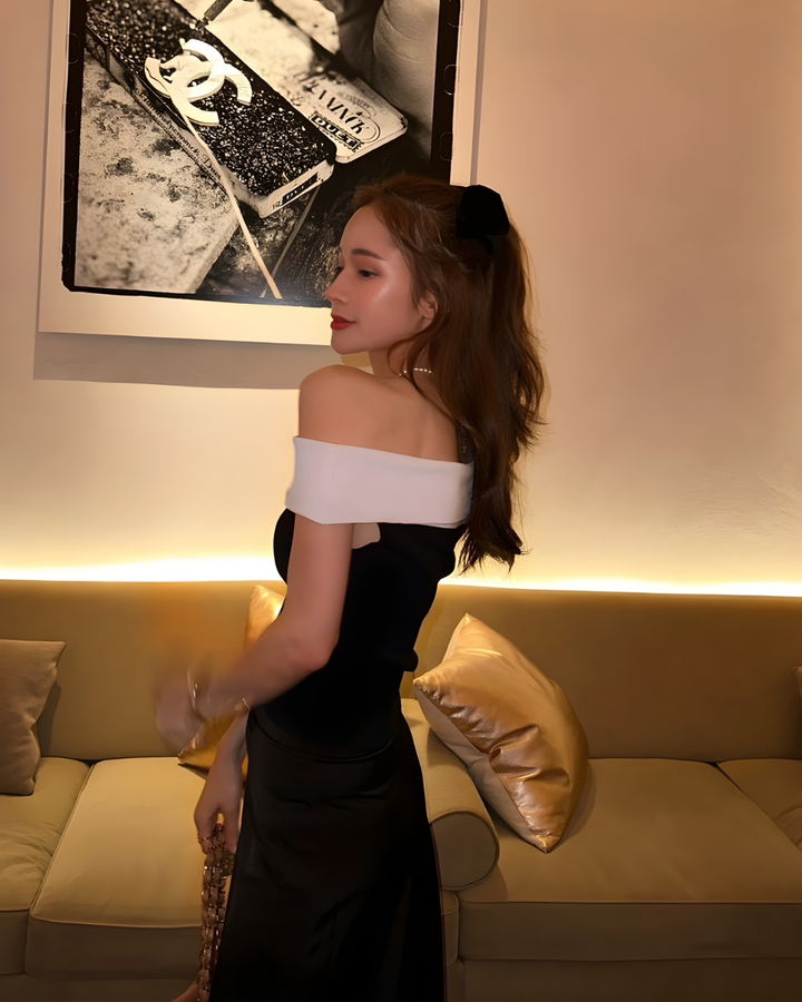 [Same-day shipping] Off-the-shoulder bicolor knit