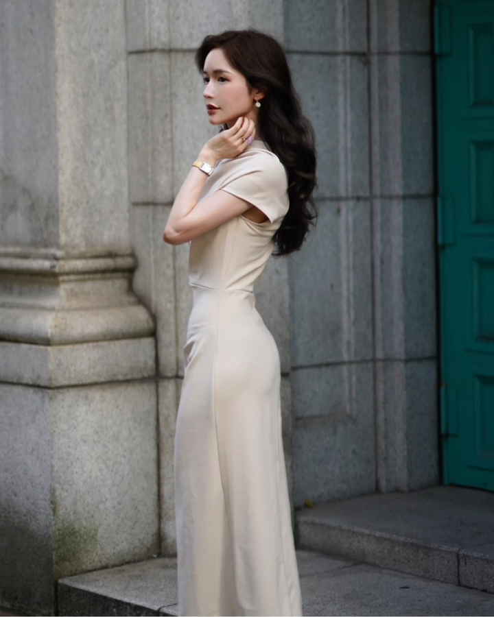 【Lサイズ即日発送】ワンサイドベージュドレスワンピース