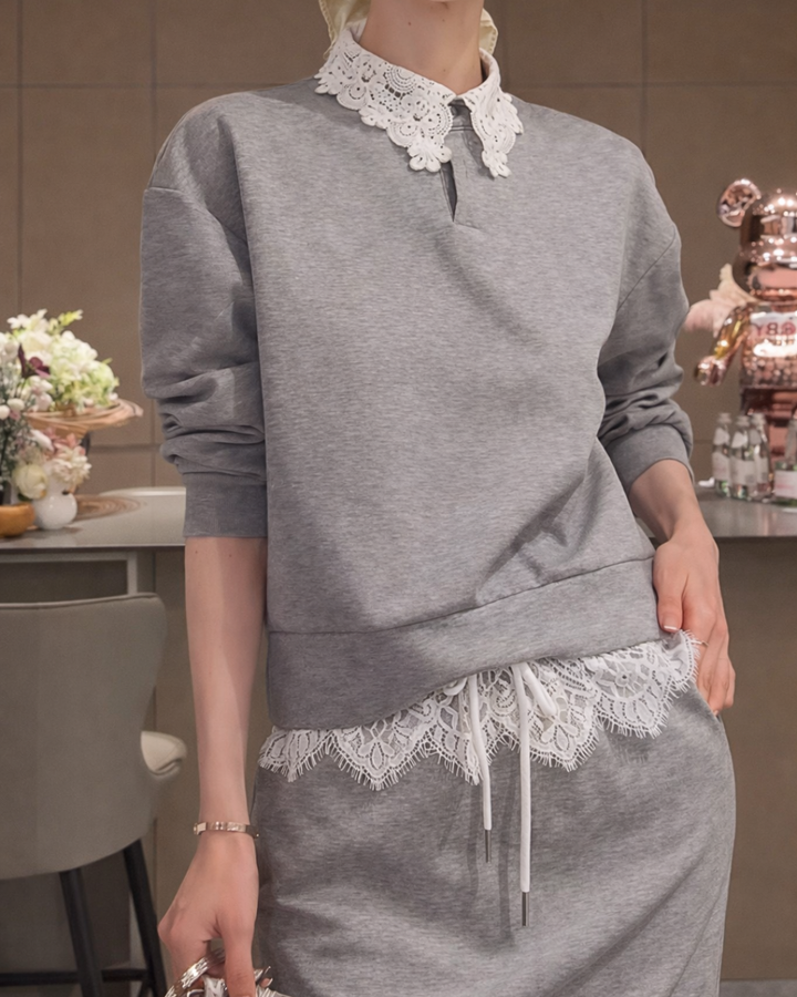 【Sブラック/グレー即日発送】レースカラースウェットセットアップ