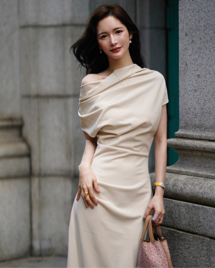 【Lサイズ即日発送】ワンサイドベージュドレスワンピース