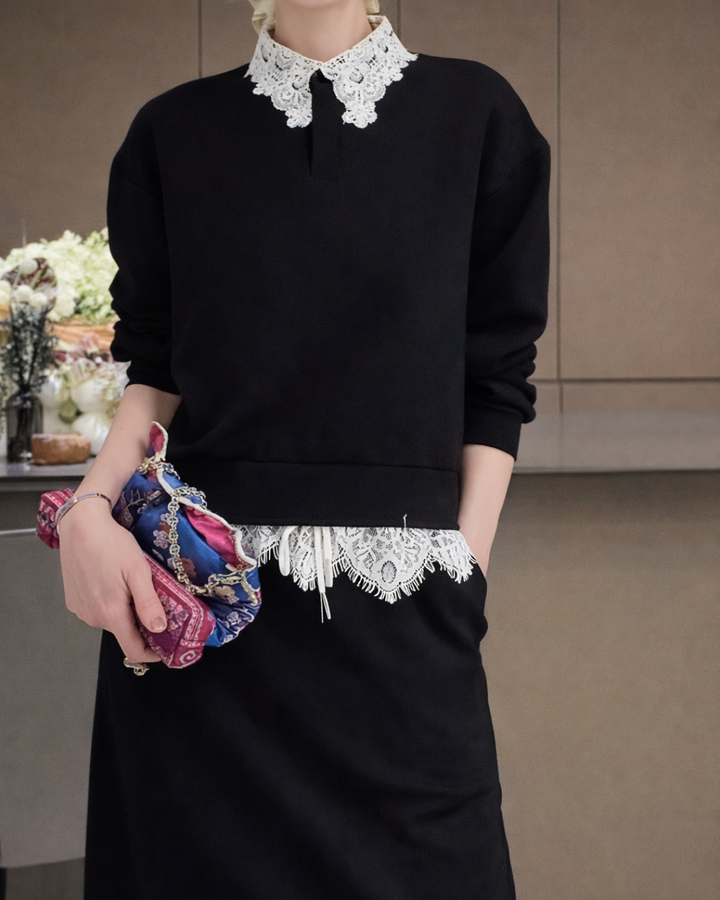 【Sブラック/グレー即日発送】レースカラースウェットセットアップ