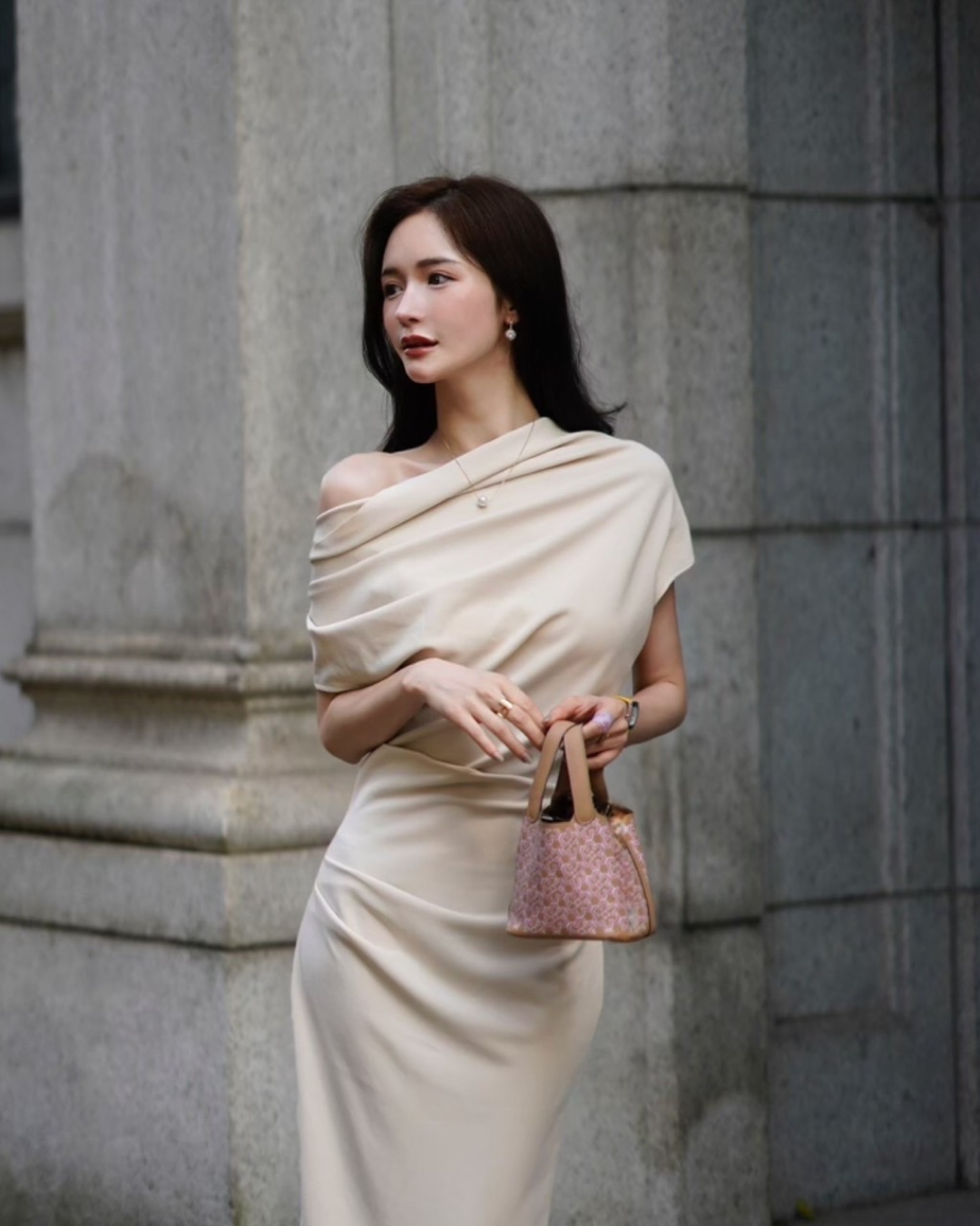 【Lサイズ即日発送】ワンサイドベージュドレスワンピース