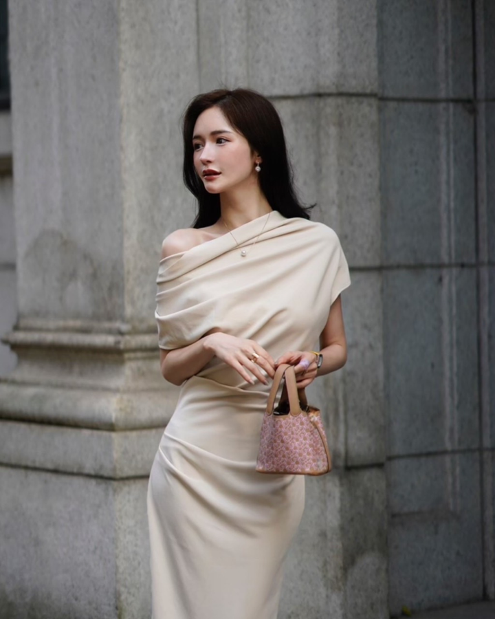 【Lサイズ即日発送】ワンサイドベージュドレスワンピース