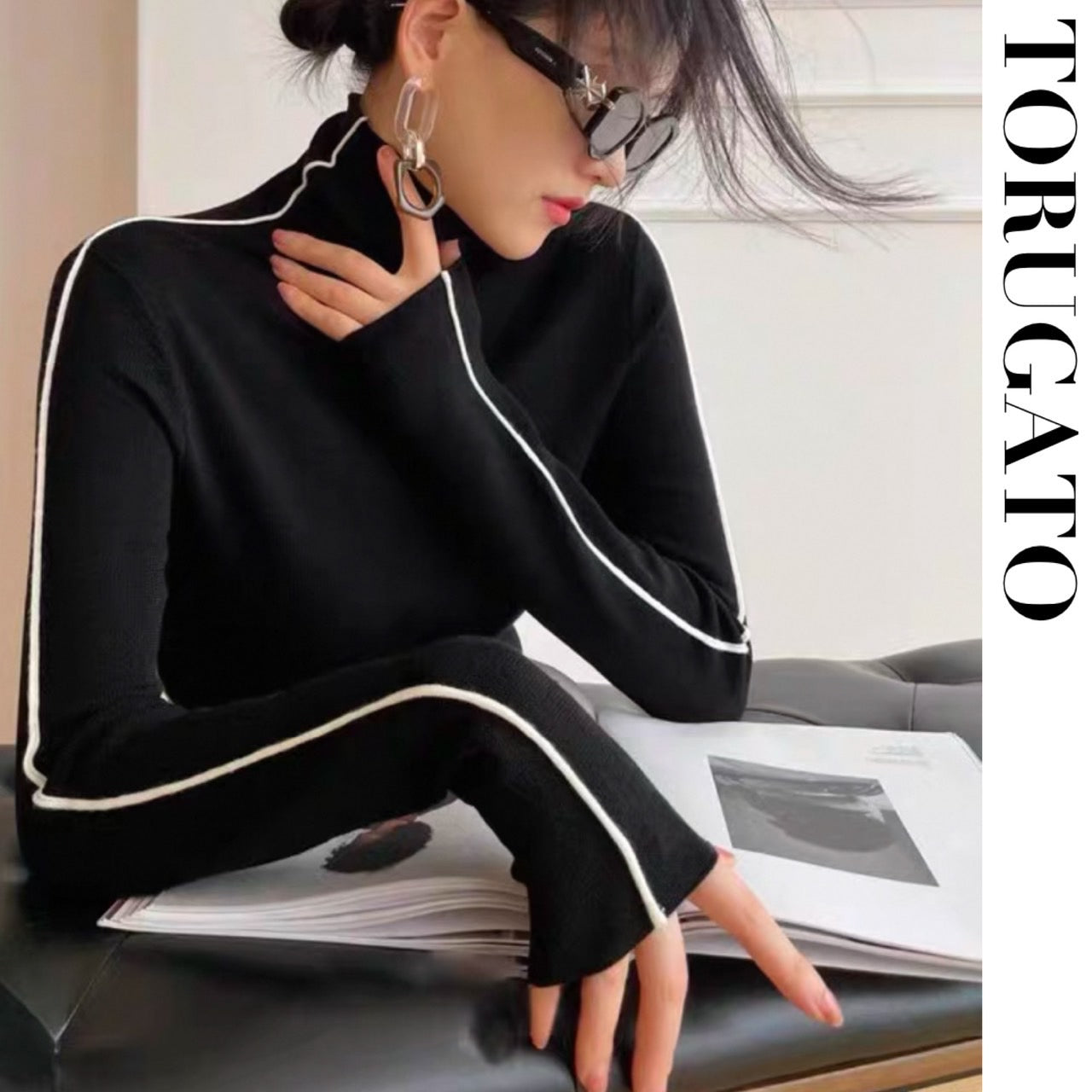 【S,Mオフ、Mブラック即日発送】ショルダーラインストレッチニット