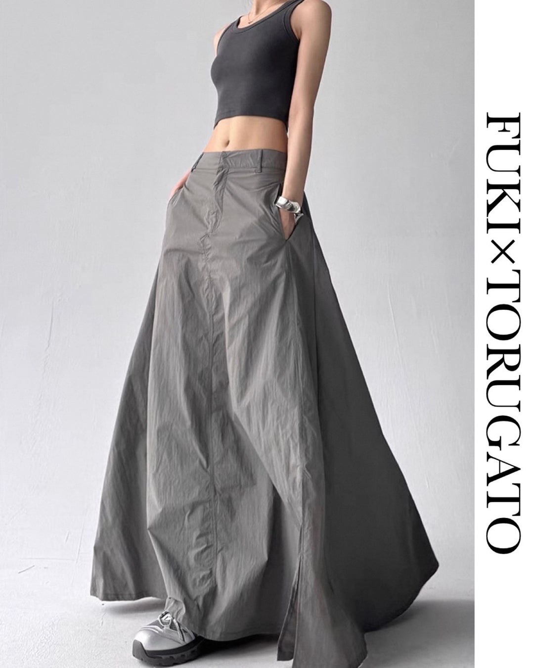 【Lグレー即日発送】ワイドフレアロングスカート