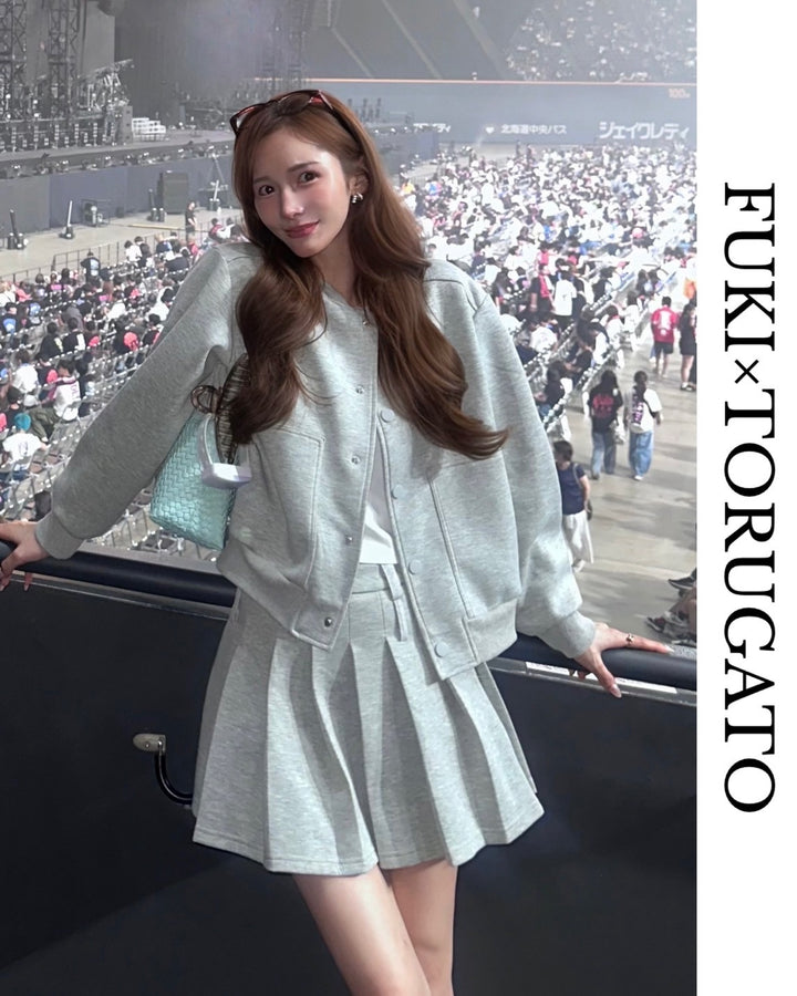 【Mブラック即日発送】ブルゾン＆プリーツスカートセットアップ