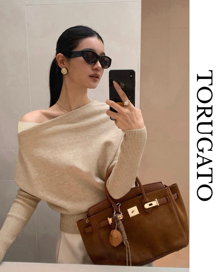 オフショルダーリブニットトップス