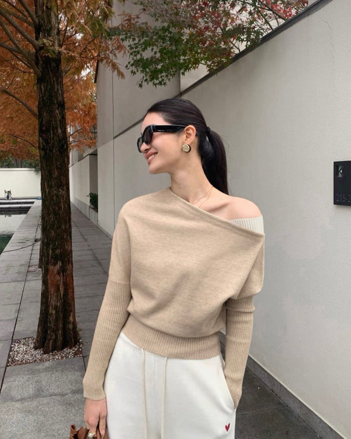 オフショルダーリブニットトップス