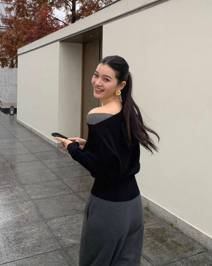 オフショルダーリブニットトップス