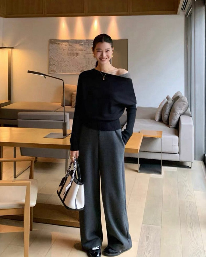 オフショルダーリブニットトップス