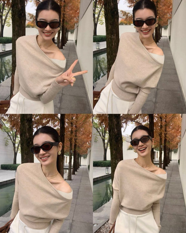 オフショルダーリブニットトップス