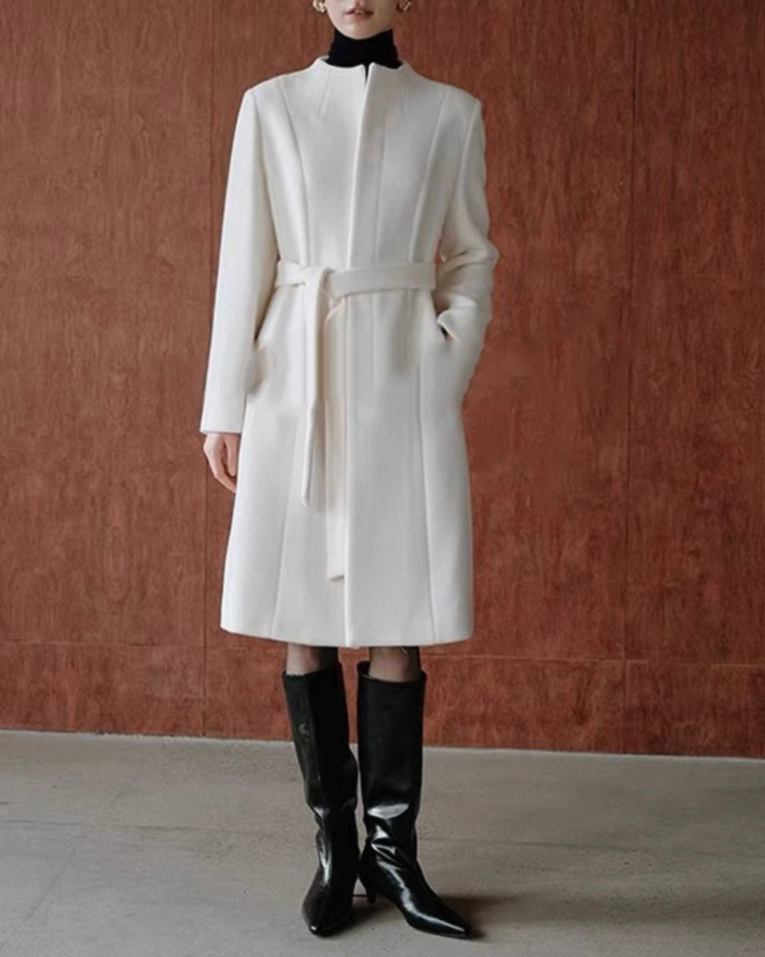 ノーカラーウールロングコート