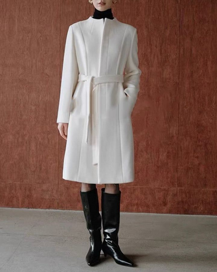 ノーカラーウールロングコート