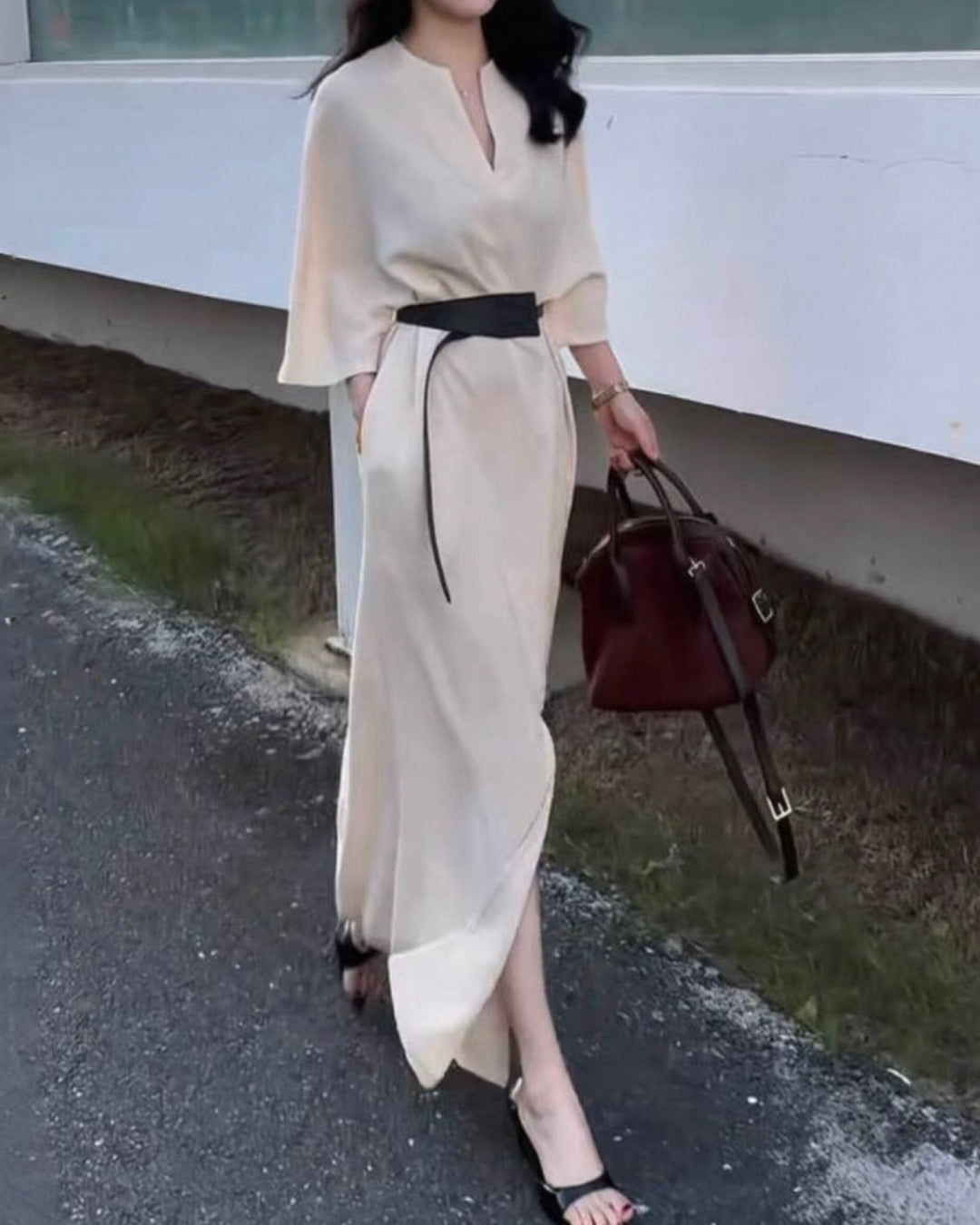 Vネックベルトカフタンワンピース