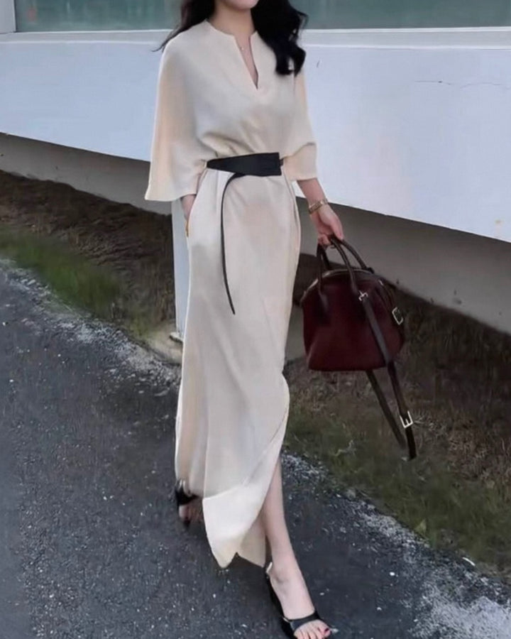Vネックベルトカフタンワンピース