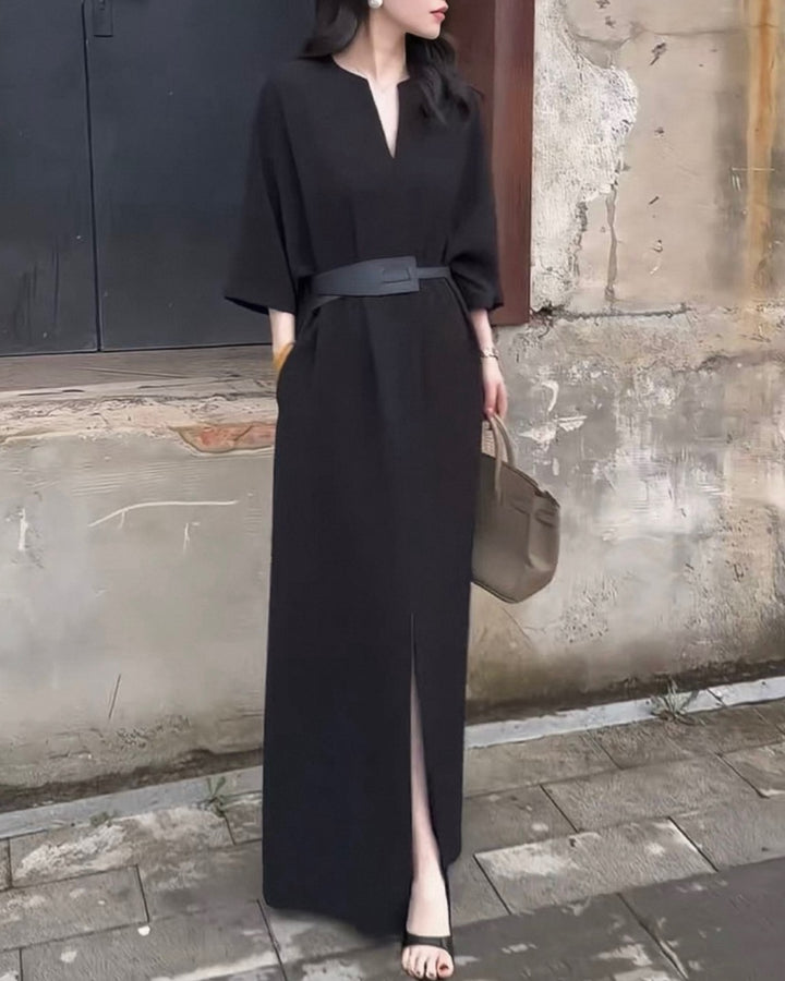 Vネックベルトカフタンワンピース