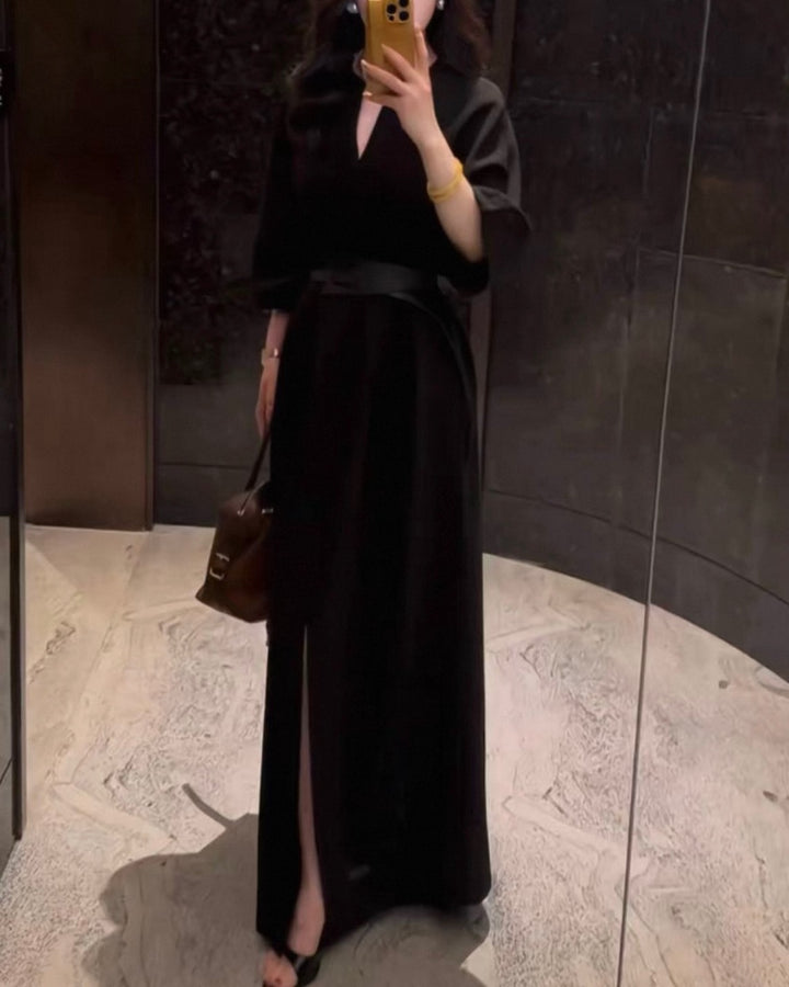 Vネックベルトカフタンワンピース