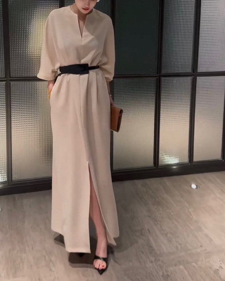 Vネックベルトカフタンワンピース