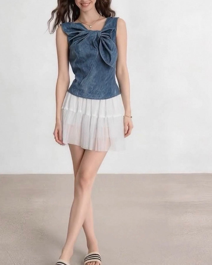デニムリボンノースリーブトップス