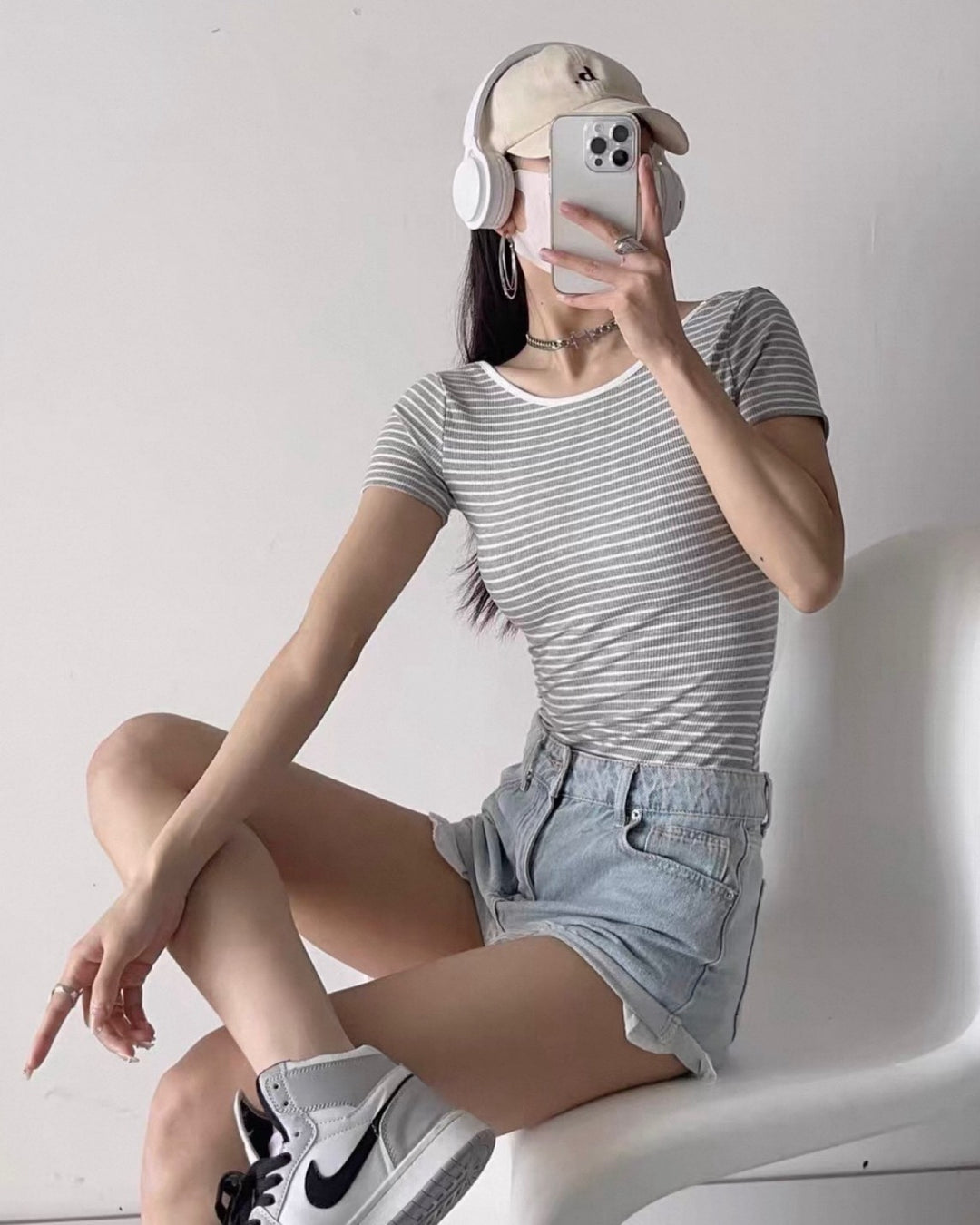 バックオープンTシャツ（ボーダー半袖）