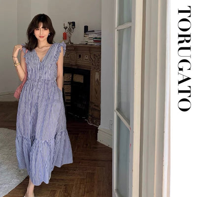 [M size same day delivery] Frill collar striped dress
