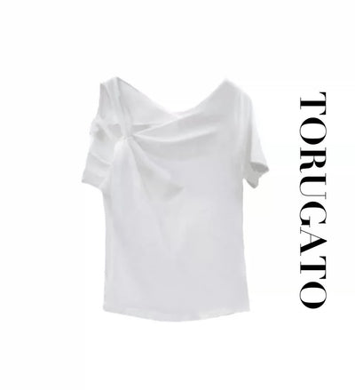 [M white same day shipping] Design one-shoulder T-shirt 