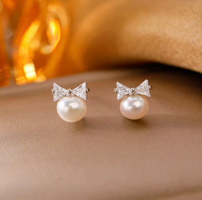 [Same day shipping] Ribbon pearl earrings