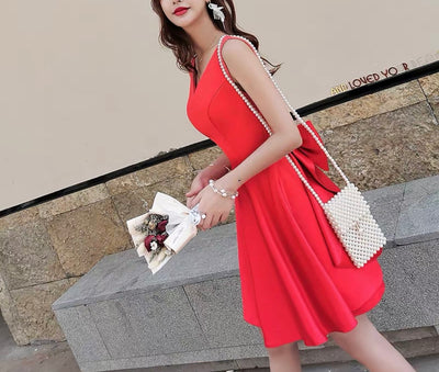 Back ribbon V neck dress [dress up]